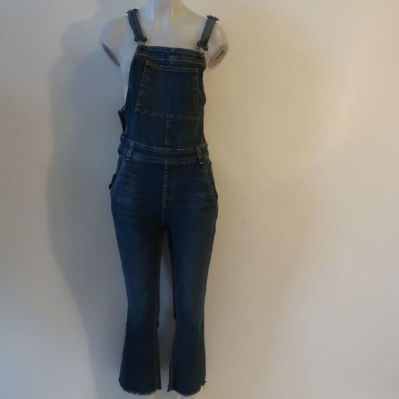 Womens Rag & Bone Paz Dark Blue Raw Hem Cropped Flared-Leg Jean Overalls SP * - Picture 1 of 9